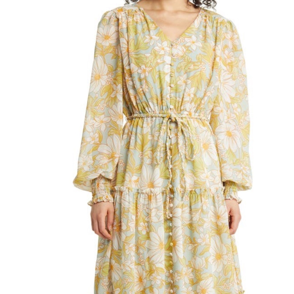 Rachel Parcell Floral Long Sleeve Chiffon Midi Dress -Small -Runs BIG-worn once